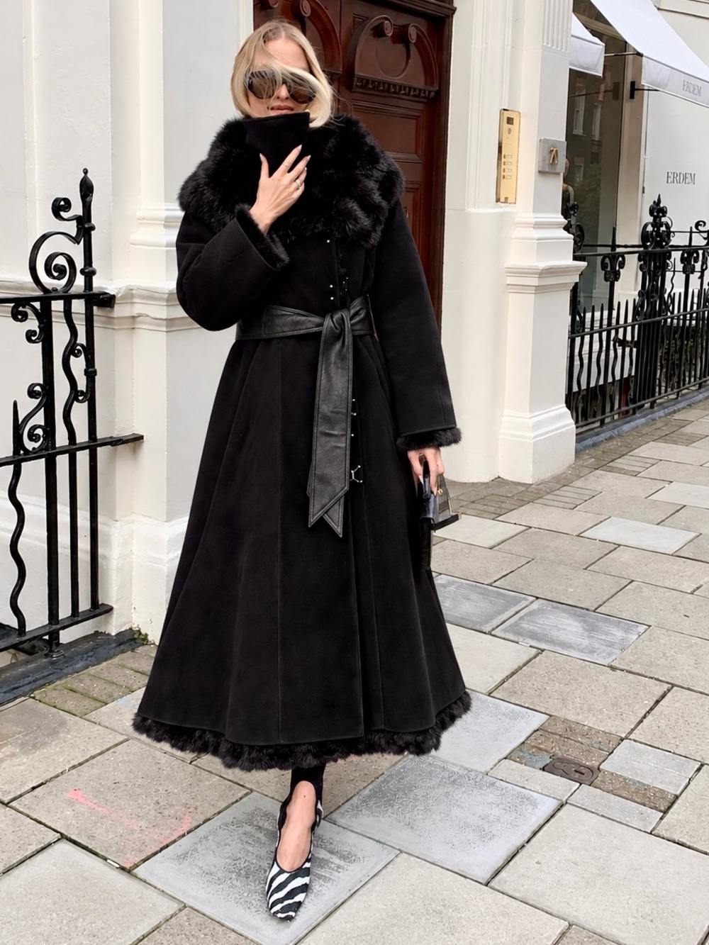 ARMANI Long Button Up Fur Belted Collared Coat Parka Dress Jacket